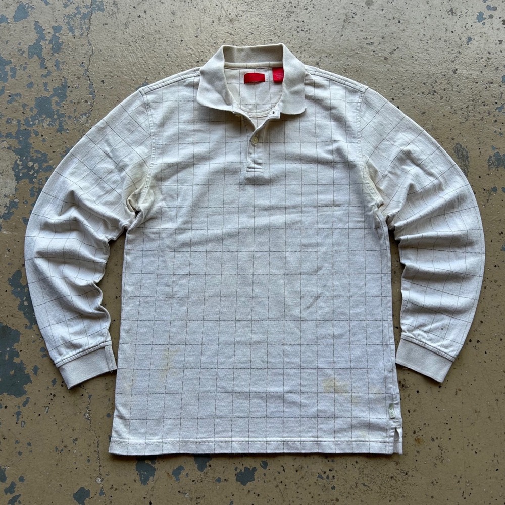 IZOD Mens Long Sleeve Rugby Polo Shirt Cream Brown Windowpane Check Cotton S